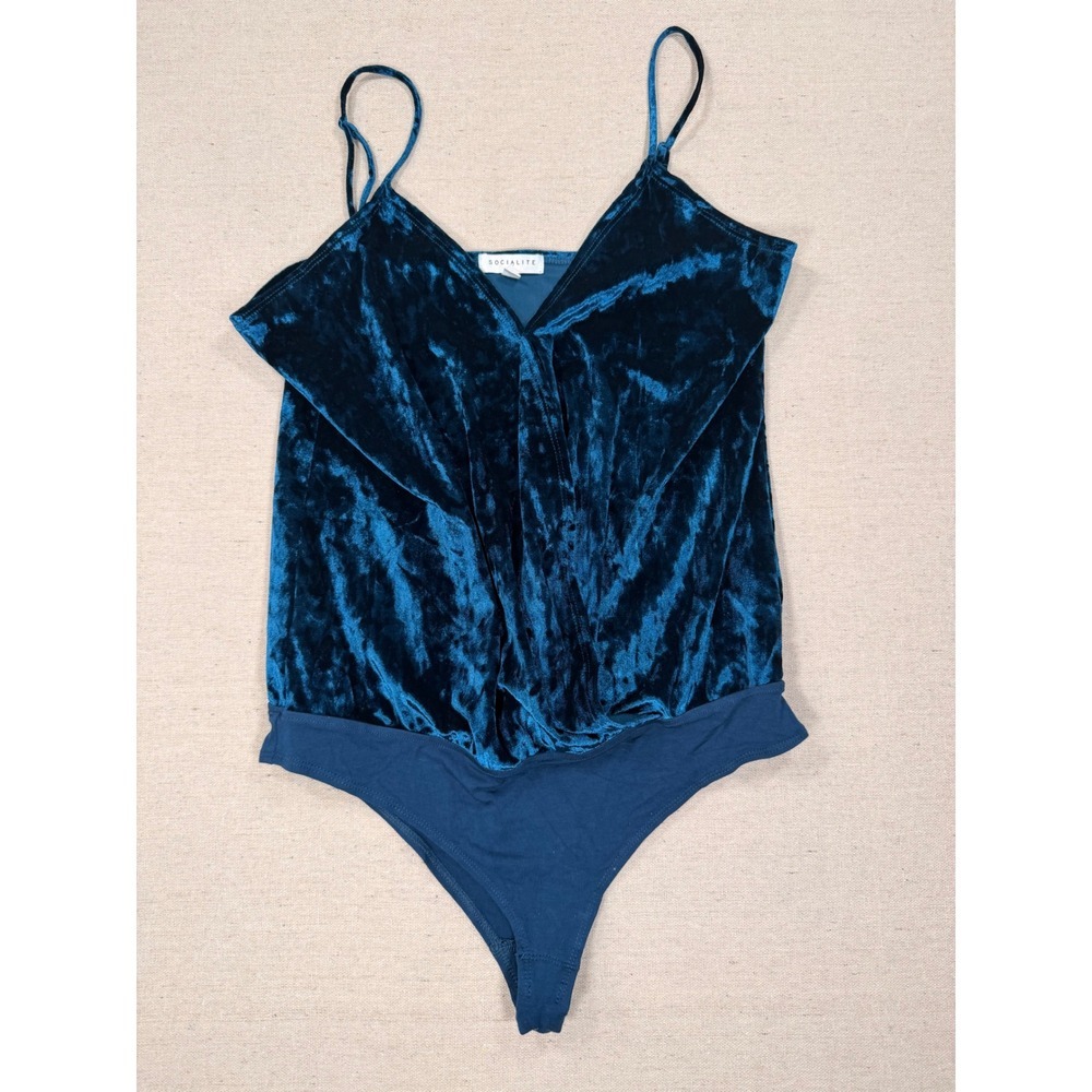 Socialite Womens Teal Blue Crushed Velvet Surplice Bodysuit Medium Sleeveless